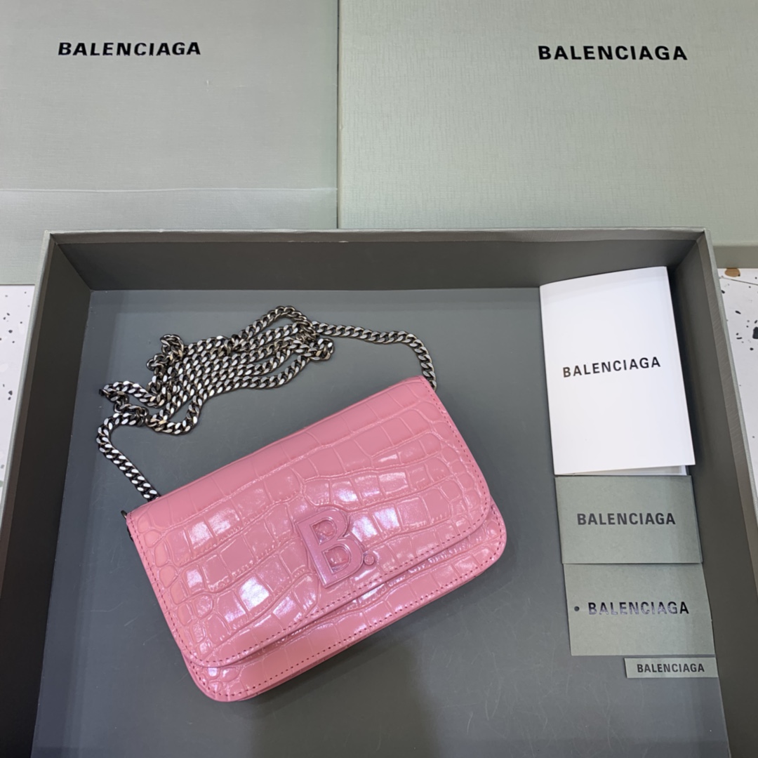 Balenciaga Small Woc Wallet With Chain Crocodile Embossed Shoulder Bag Pink